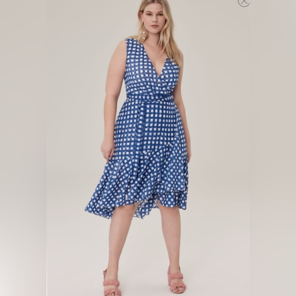 Eliza J Blue White Gingham Ruffled Faux Wrap Dress Wedding Guest Women’s Size 12